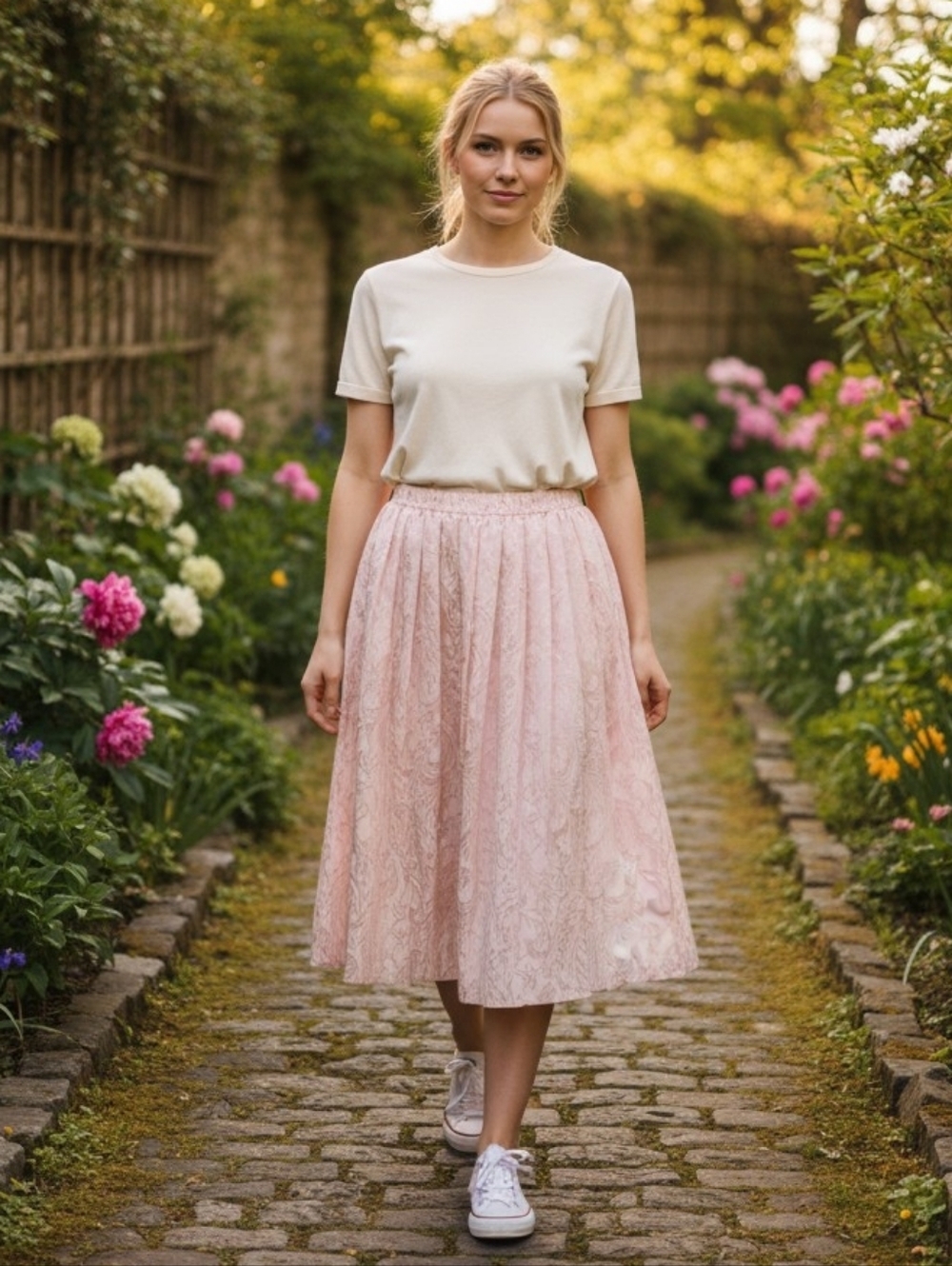 Vintage Pink Satin Floral Pleated Midi Skirt - Romantic A-Line